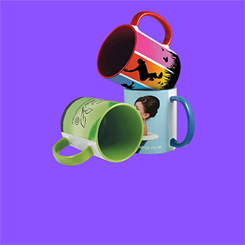 A stack of three mugs printed with full colour photographic quality images on a pastel purple background