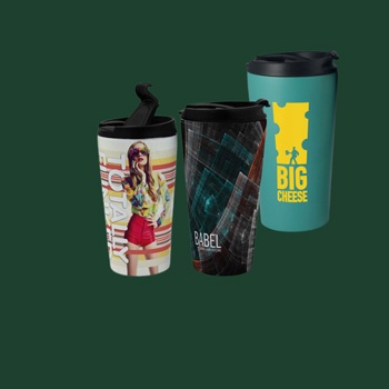 Three Rio travel mugs with full colour printed designs wrapped around the mug outer body