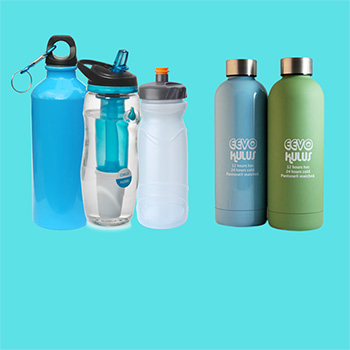 A Selection of Five Different Sizes and Styles of Metal and Plastic Sports Bottles on a Pastel Blue Background