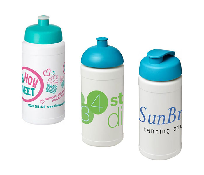 Aqua Baseline Plus® 500ml Sports Bottles - Aqua Sports Lid (L), Dome Lid (C), Flip Lid (R)