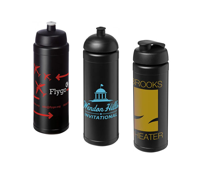 Black Baseline Plus® 750ml Sports Bottles with Sports Lid (L), Dome Lid (C), Flip Lid (R)