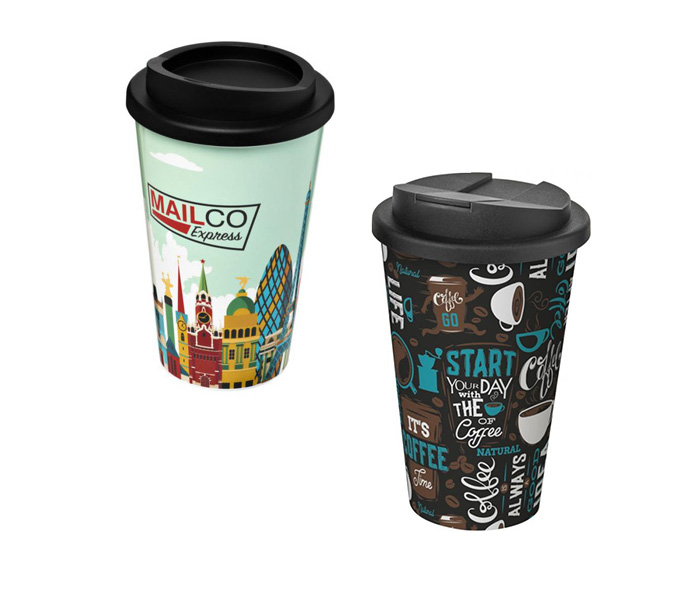 Black Brite-Americano® 350ml Tumblers with Twist-On (L) and Spill-Proof (R) Lids