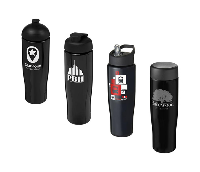 Black H<sub>2</sub>O Active® Tempo 700ml Sports Bottle - Showing Solid Black Colour & A Selection of Lids & Accessories