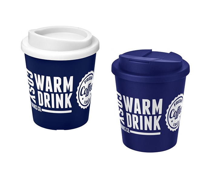 Blue (288) Americano®  Espresso 250ml Tumbler with White Twist-On Lid (L) & Blue Spill-Proof Lid (R)
