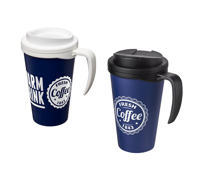 Blue (288) Americano® Grande 250ml Mugs with Twist-On (L) and Spill-Proof (R) Lids