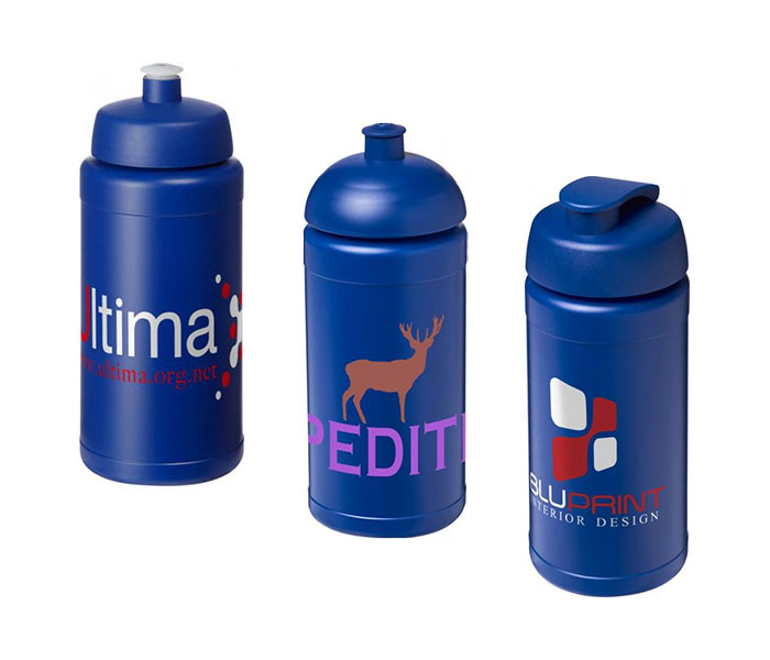 Blue Baseline Plus® 500ml Sports Bottles - Sports Lid (L), Dome Lid (C), Flip Lid (R)