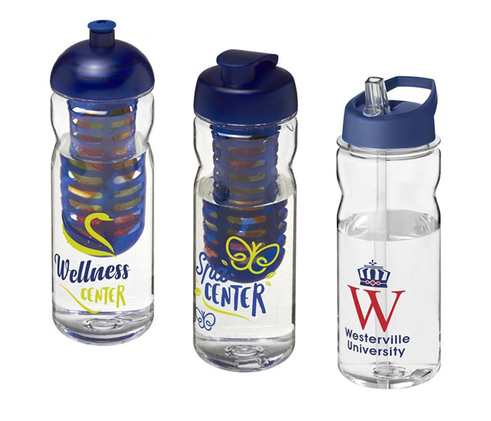 Blue H<sub>2</sub>O Active® Base Tritan™ 650ml Sports Bottle - Dome Lid & Infuser (L), Flip Lid & Infuser (C), Spout Lid (R)