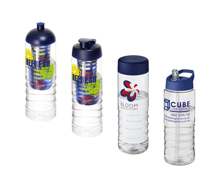 Blue H<sub>2</sub>O Active® Treble 750ml Sports Bottle - Showing A Selection of Lids & Accessories