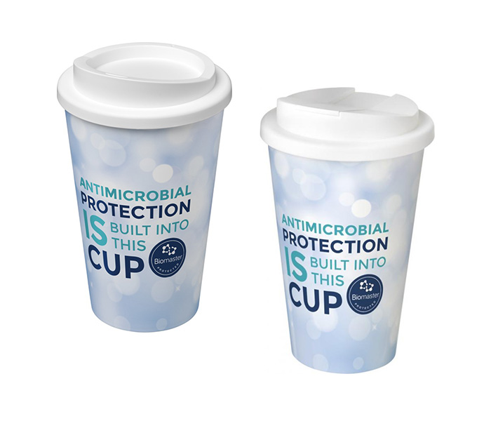 White Brite-Americano® Pure 350ml Antimicrobial Tumbler with Twist-On (L) & Spill-Proof (R) Lids