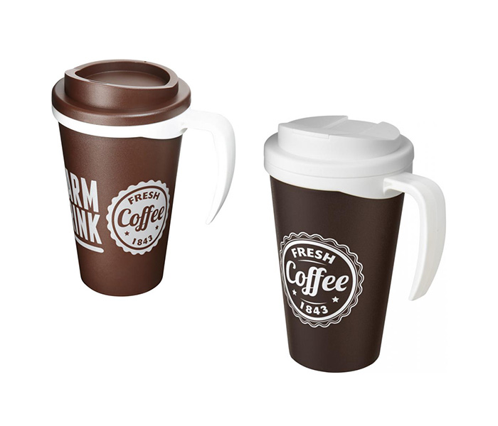Brown Americano® Grande 250ml Mugs with Twist-On (L) and Spill-Proof (R) Lids