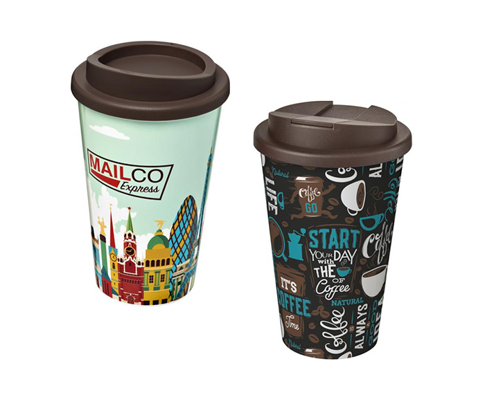 Brown Brite-Americano® 350ml Tumblers with Twist-On (L) and Spill-Proof (R) Lids