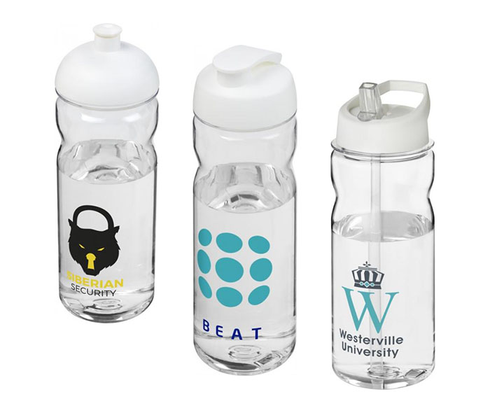 Clear H<sub>2</sub>O Active® Base Tritan™ 650ml Sports Bottle - Dome Lid (L), Flip Lid (C), Spout Lid (R)