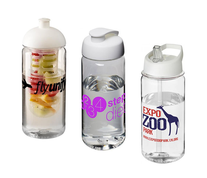 Clear H<sub>2</sub>O Active® Octave Tritan™ 600ml Sports Bottle - Dome Lid & Infuser (L), Flip Lid (C), Spout Lid (R)