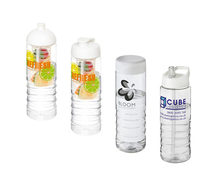 Clear H<sub>2</sub>O Active® Treble 750ml Sports Bottle - Showing A Selection of Lids & Accessories