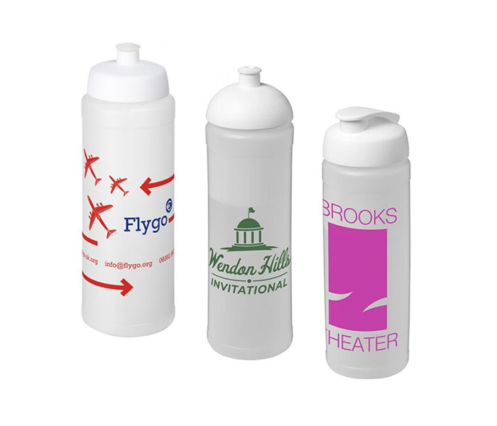 Frosted Baseline Plus® 750ml Sports Bottles with White Sports Lid (L), Dome Lid (C), Flip Lid (R)