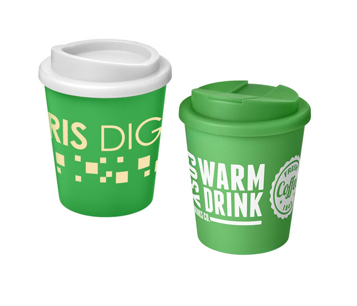 Green Americano®  Espresso 250ml Tumbler with White Twist-On Lid (L) & Green Spill-Proof Lid (R)