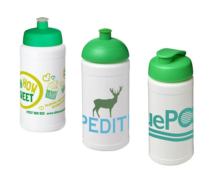 Green Baseline Plus® 500ml Sports Bottles - Green Sports Lid (L), Dome Lid (C), Flip Lid (R)