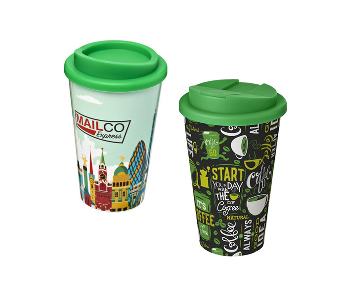 Green Brite-Americano® 350ml Tumblers with Twist-On (L) and Spill-Proof (R) Lids