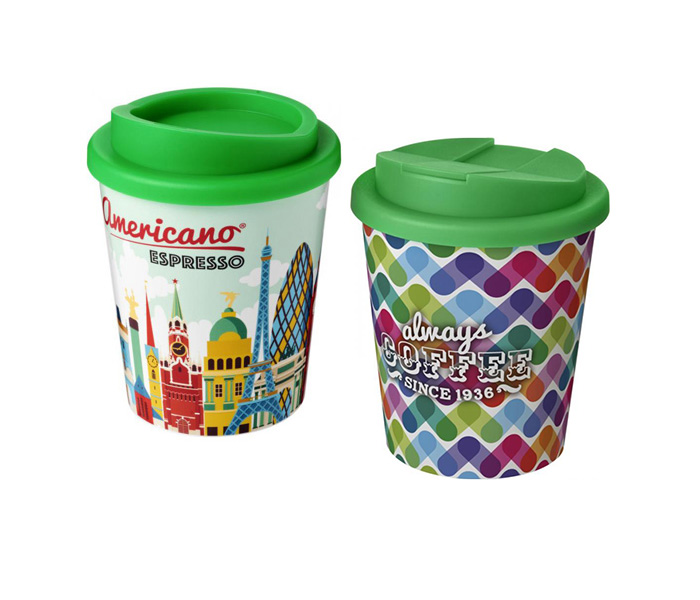 Green Brite-Americano® Espresso 250ml Tumblers with Twist-on (L) and Spill-proof (R) Lids