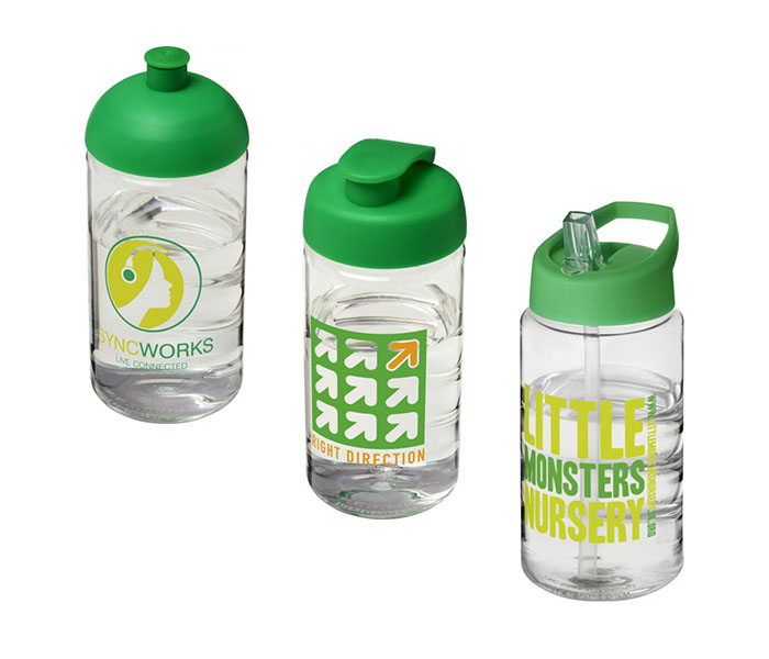 Green H<sub>2</sub>O Active® Bop 500ml Sports Bottle - Dome Lid (L), Flip Lid (C), Spout Lid (R)
