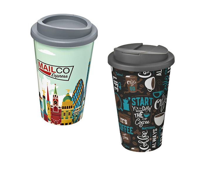 Grey Brite-Americano® 350ml Tumblers with Twist-On (L) and Spill-Proof (R) Lids