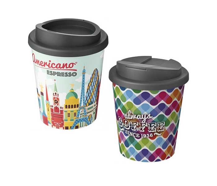 Grey Brite-Americano® Espresso 250ml Tumblers with Twist-on (L) and Spill-proof (R) Lids