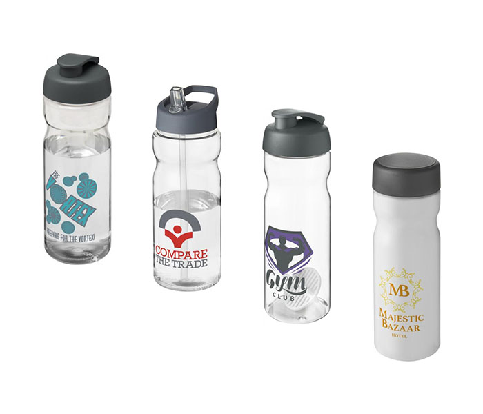 Grey H<sub>2</sub>O Active® Base 650ml Sports Bottle - Showing A Selection of Lids & Accessories