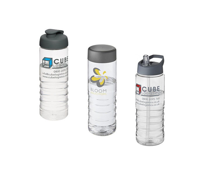 Grey H<sub>2</sub>O Active® Treble 750ml Sports Bottle - Showing A Selection of Lids & Accessories