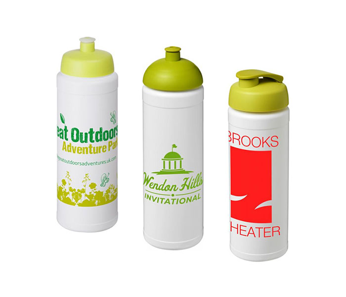 Lime Green Baseline Plus® 750ml Sports Bottles- Lime Green Sports Lid (L), Dome Lid (C), Flip Lid (R)