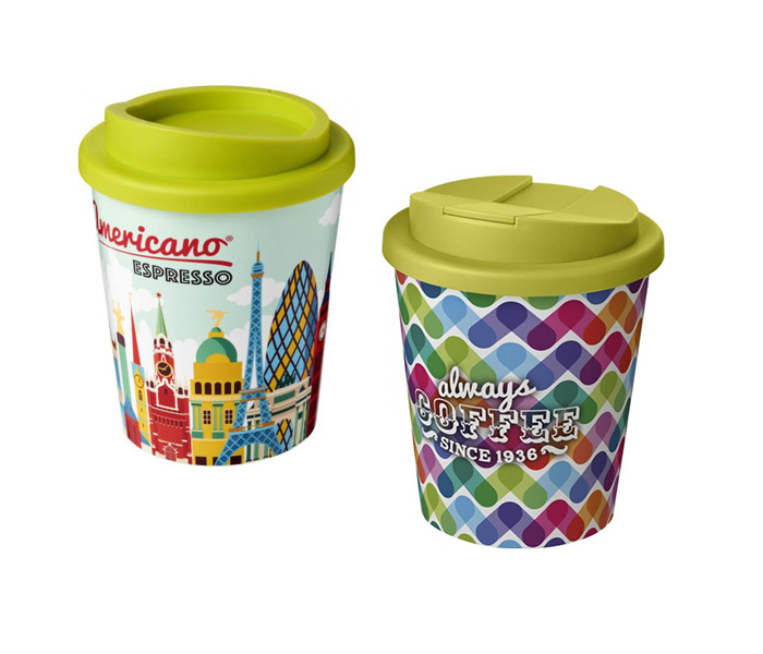 Lime Green Brite-Americano® Espresso 250ml Tumblers with Twist-on (L) and Spill-proof (R) Lids