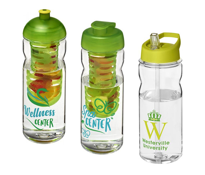 Lime Green H<sub>2</sub>O Active® Base Tritan™ 650ml Sports Bottle - Dome Lid & Infuser (L), Flip Lid & Infuser (C), Spout Lid (R)