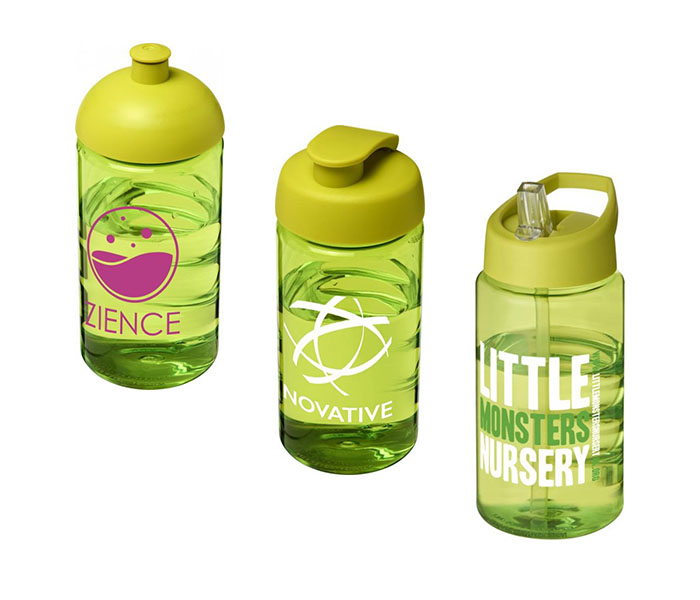 Lime Green H<sub>2</sub>O Active® Bop 500ml Sports Bottle - Dome Lid (L), Flip Lid (C), Spout Lid (R)