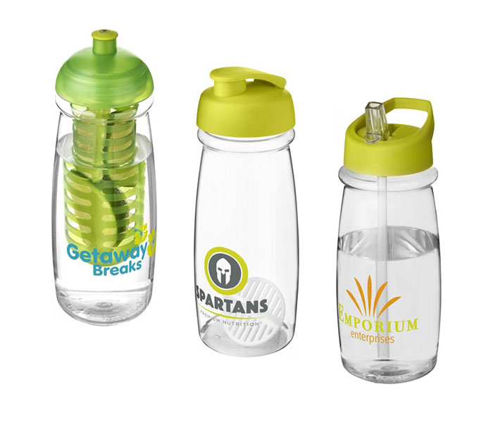 Lime Green H<sub>2</sub>O Active® Pulse 600ml Sports Bottle - Dome Lid & Infuser (L), Flip Lid & Shaker Ball (C), Spout Lid (R)