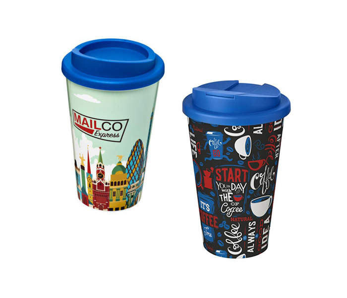 Blue (300) Brite-Americano® 350ml Tumblers with Twist-On (L) and Spill-Proof (R) Lids