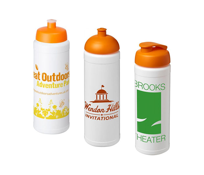 Orange Baseline Plus® 750ml Sports Bottles - Orange Sports Lid (L), Dome Lid (C), Flip Lid (R)