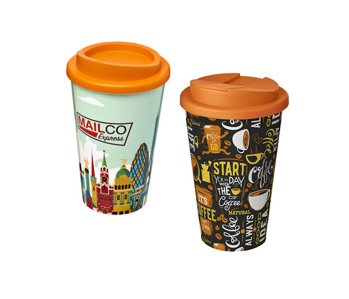 Orange Brite-Americano® 350ml Tumblers with Twist-On (L) and Spill-Proof (R) Lids