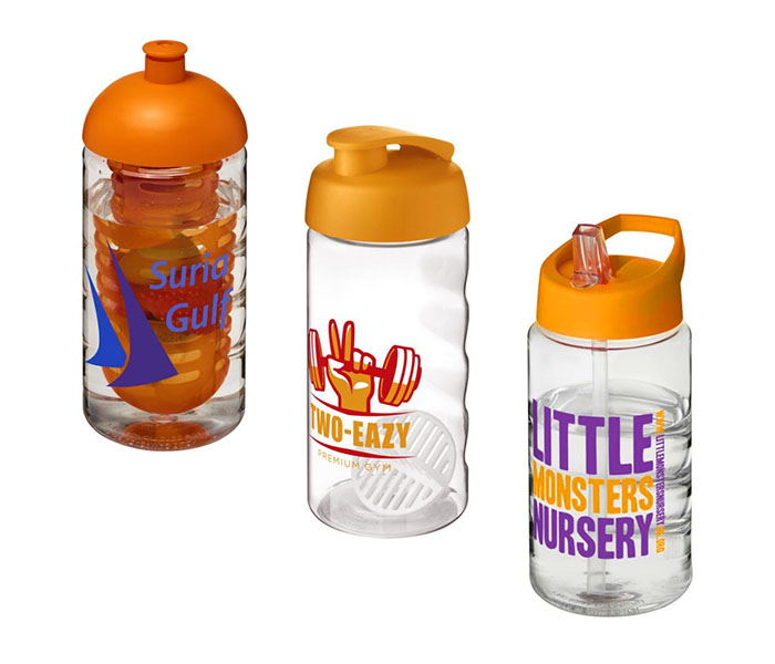Orange H<sub>2</sub>O Active® Bop 500ml Sports Bottle - Dome Lid & Infuser (L) Flip Lid & Shaker Ball (C), Spout Lid (R)