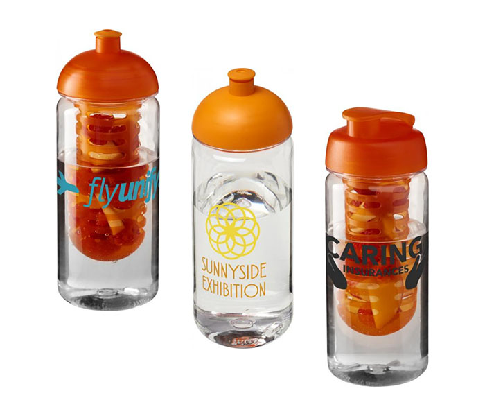 Orange H<sub>2</sub>O Active® Octave Tritan™ 600ml Sports Bottle - Dome Lid & Infuser (L), Dome Lid (C), Flip Lid & Infuser (R)