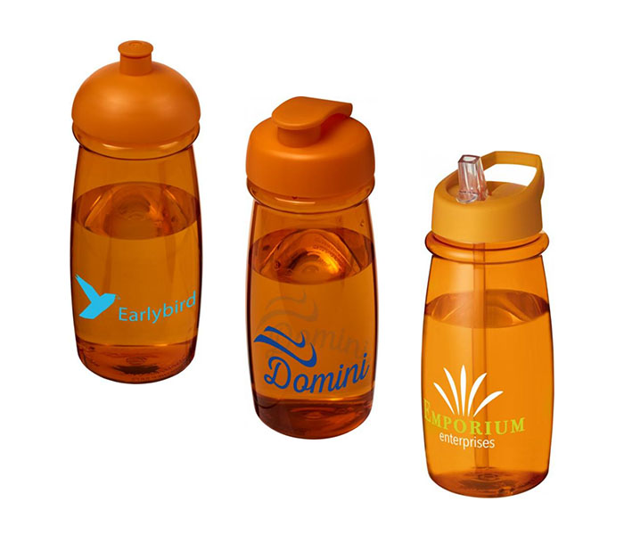 Orange H<sub>2</sub>O Active® Pulse 600ml Sports Bottle - Dome Lid (L), Flip Lid (C), Spout Lid (R)