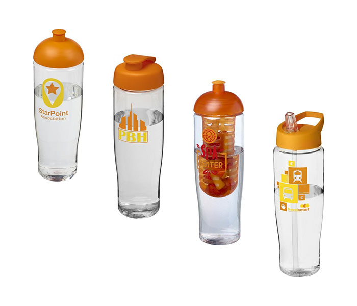 Orange H<sub>2</sub>O Active® Tempo 700ml Sports Bottle - Showing A Selection of Lids & Accessories