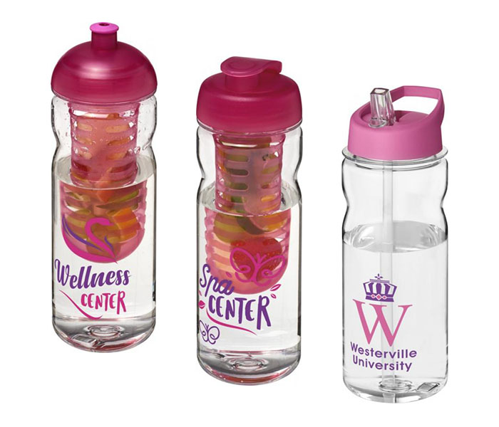Pink H<sub>2</sub>O Active® Base Tritan™ 650ml Sports Bottle - Dome Lid & Infuser (L), Flip Lid & Infuser (C), Spout Lid (R)