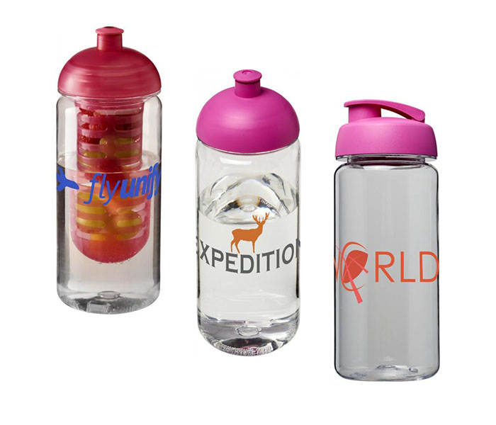 Pink H<sub>2</sub>O Active® Octave Tritan™ 600ml Sports Bottle - Dome Lid & Infuser (L), Dome Lid (C), Flip Lid (R)