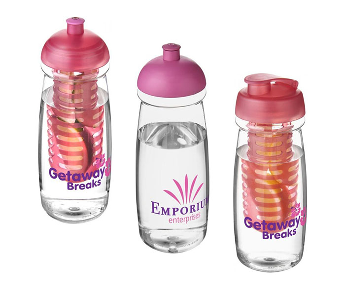 Pink H<sub>2</sub>O Active® Pulse 600ml Sports Bottle - Dome Lid & Infuser (L), Dome Lid (C), Flip Lid & Infuser (R)