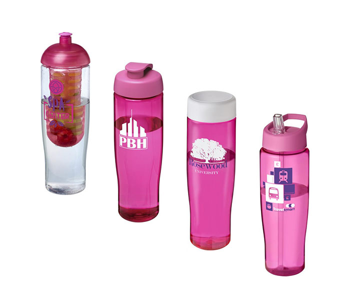 Pink H<sub>2</sub>O Active® Tempo 700ml Sports Bottle - Showing A Selection of Lids & Accessories