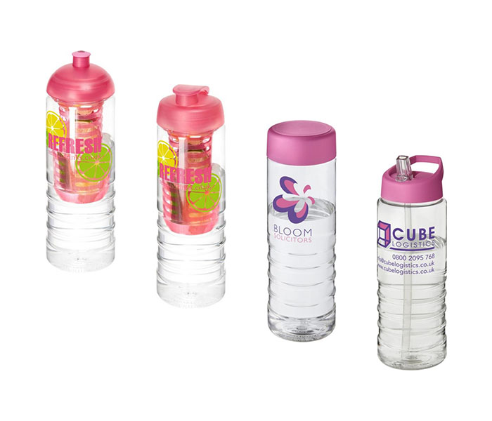 Pink H<sub>2</sub>O Active® Treble 750ml Sports Bottle - Showing A Selection of Lids & Accessories