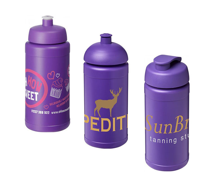 Purple Baseline Plus® 500ml Sports Bottles - Sports Lid (L), Dome Lid (C), Flip Lid (R)