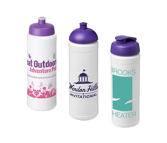 Purple Baseline Plus® 750ml Sports Bottles - Purple Sports Lid (L), Dome Lid (C), Flip Lid (R)