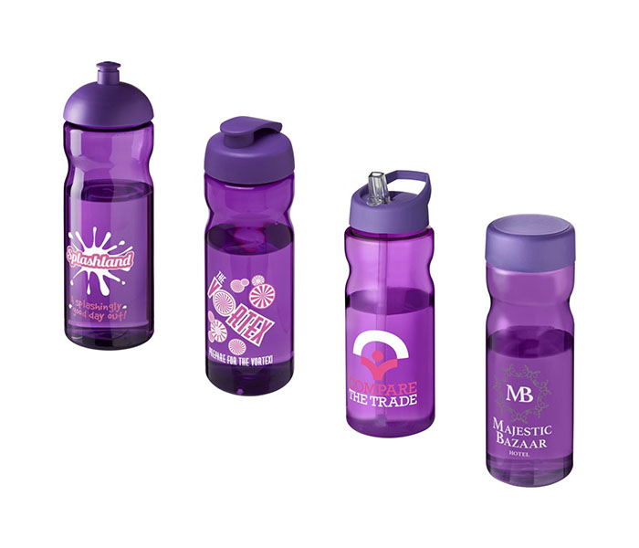 Purple H<sub>2</sub>O Active® Base 650ml Sports Bottle - Showing A Selection of Lids & Accessories