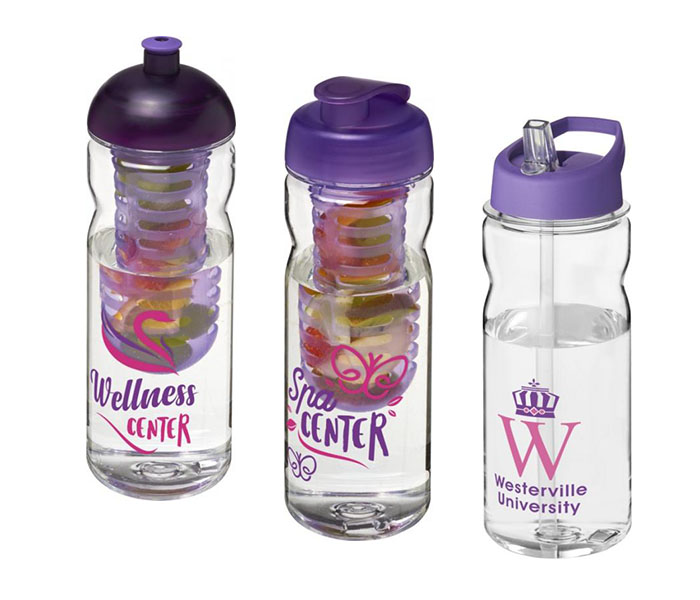 Purple H<sub>2</sub>O Active® Base Tritan™ 650ml Sports Bottle - Dome Lid & Infuser (L), Flip Lid & Infuser (C), Spout Lid (R)