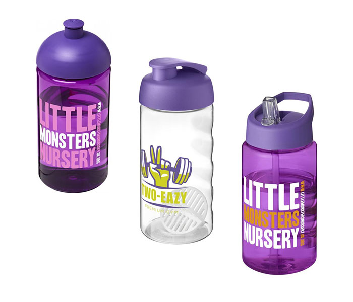 Purple H<sub>2</sub>O Active® Bop 500ml Sports Bottle -  Dome Lid (L) Flip Lid & Shaker Ball (C), Spout Lid (R)